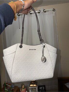 Michael Kors White Logo-Print Chain Strap Tote
